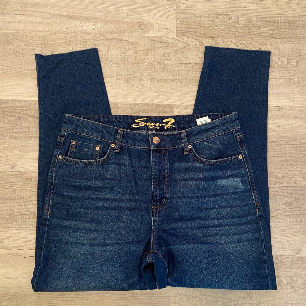 Seven7 Womens Marilyn Boyfriend Jeans Size 12 Distressed Fray Hem Dark Wash
